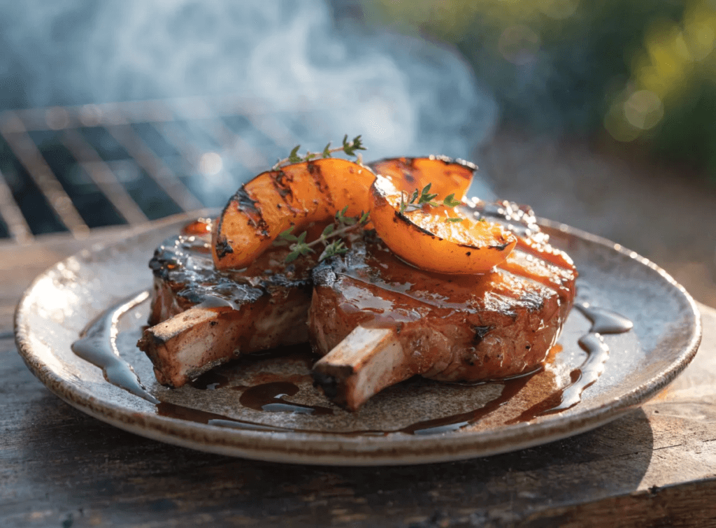 Front-view plated grilled pork chops with peach bourbon glaze, grilled peaches, fresh herbs, and rustic ceramic serving plate.
