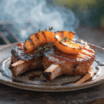 Front-view plated grilled pork chops with peach bourbon glaze, grilled peaches, fresh herbs, and rustic ceramic serving plate.
