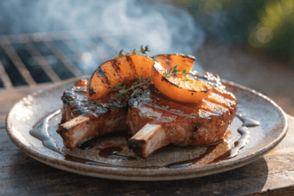 Front-view plated grilled pork chops with peach bourbon glaze, grilled peaches, fresh herbs, and rustic ceramic serving plate.