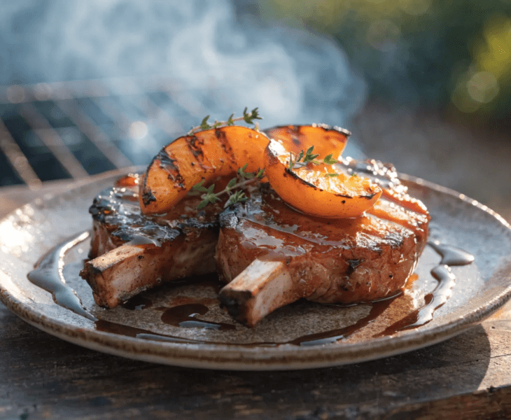 Front-view plated grilled pork chops with peach bourbon glaze, grilled peaches, fresh herbs, and rustic ceramic serving plate.