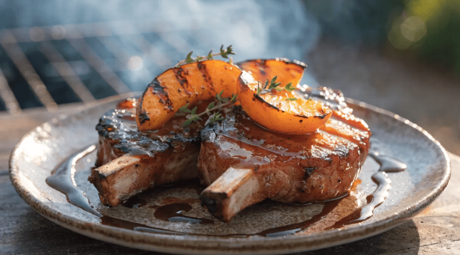 Front-view plated grilled pork chops with peach bourbon glaze, grilled peaches, fresh herbs, and rustic ceramic serving plate.