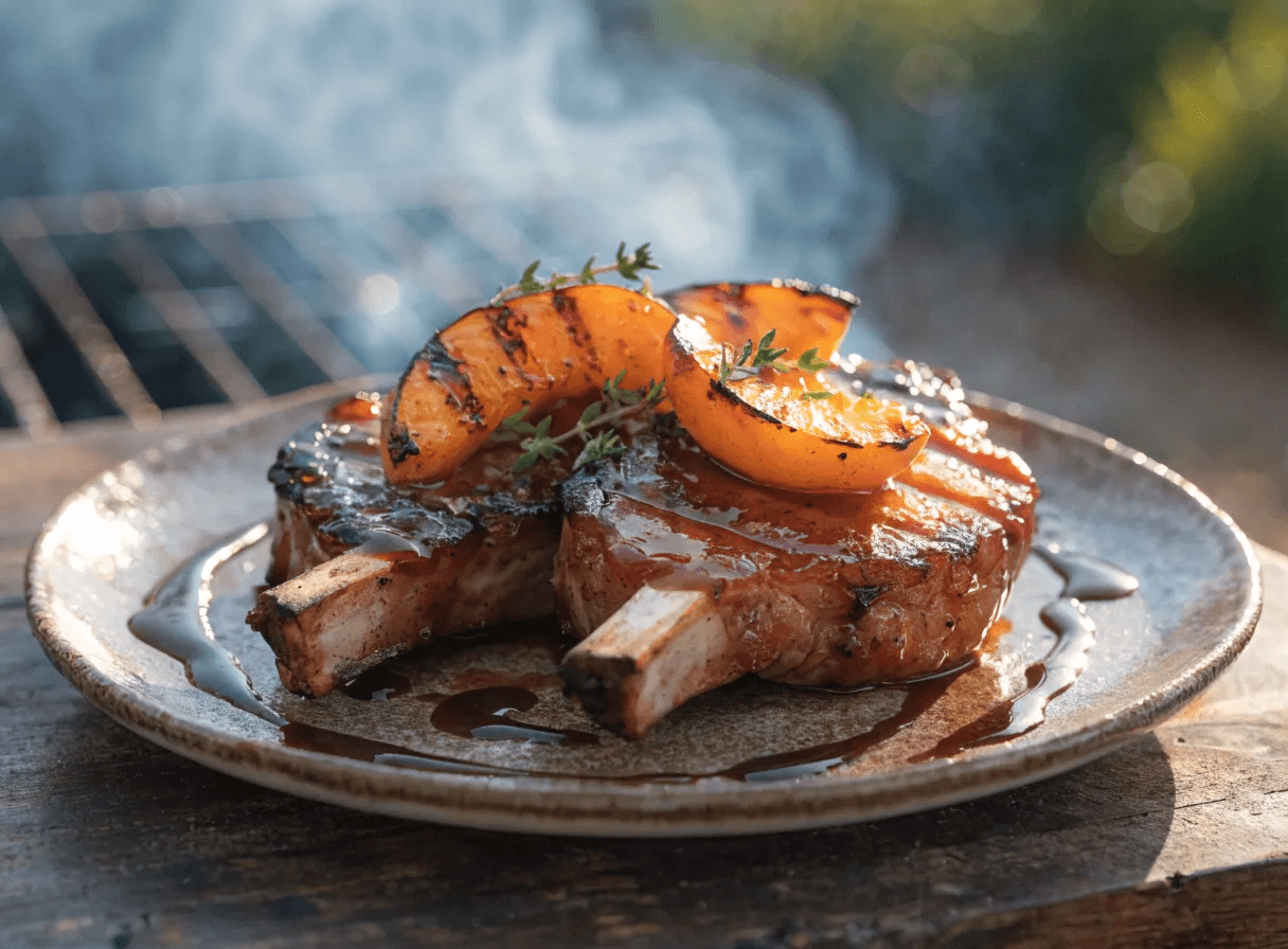 Front-view plated grilled pork chops with peach bourbon glaze, grilled peaches, fresh herbs, and rustic ceramic serving plate.