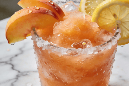 Frozen peach lemonade slush with frosty sugar rim, peach slices, lemon garnish, and crushed ice in a refreshing summer drink presentation.
