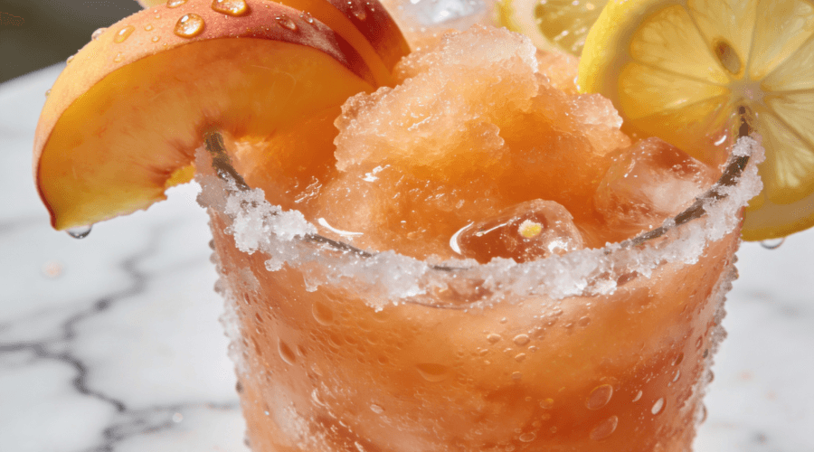 Frozen peach lemonade slush with frosty sugar rim, peach slices, lemon garnish, and crushed ice in a refreshing summer drink presentation.