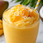 Close-up front view of a frozen mango coconut slush topped with fresh mango cubes and shredded coconut in a chilled glass.