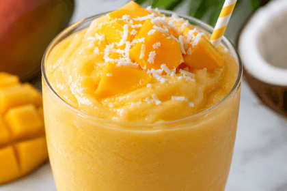 Close-up front view of a frozen mango coconut slush topped with fresh mango cubes and shredded coconut in a chilled glass.