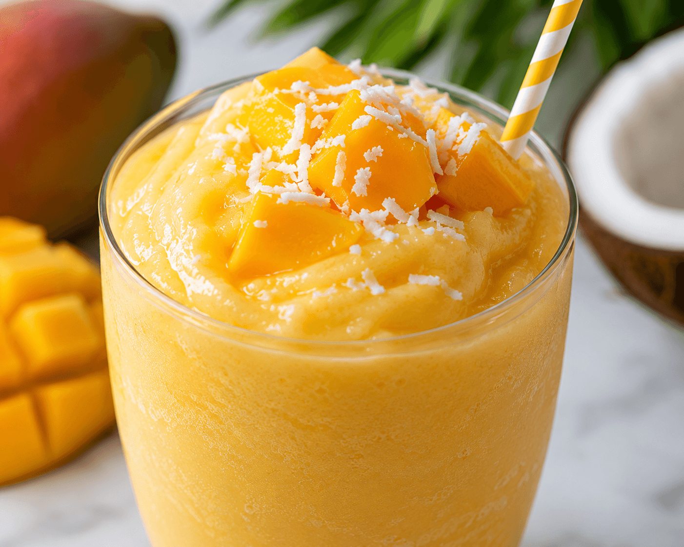 Close-up front view of a frozen mango coconut slush topped with fresh mango cubes and shredded coconut in a chilled glass.