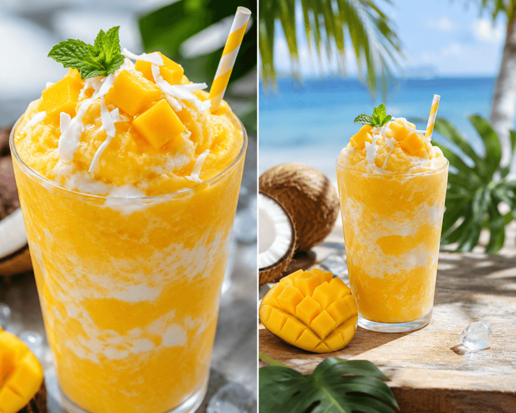 Collage featuring close-up and zoomed-out front views of a creamy frozen mango coconut slush topped with mango cubes and coconut flakes.