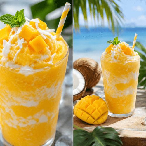 Collage featuring close-up and zoomed-out front views of a creamy frozen mango coconut slush topped with mango cubes and coconut flakes.
