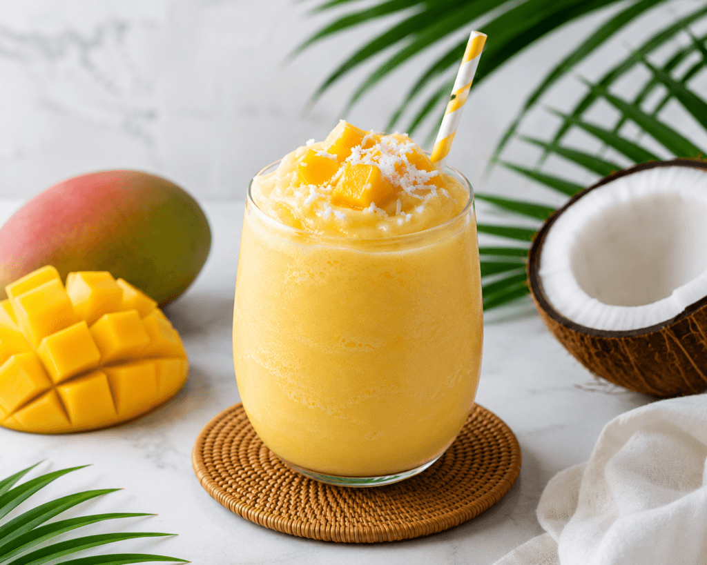 Close-up image of a creamy frozen mango coconut slush topped with fresh mango chunks and coconut flakes in a chilled glass.