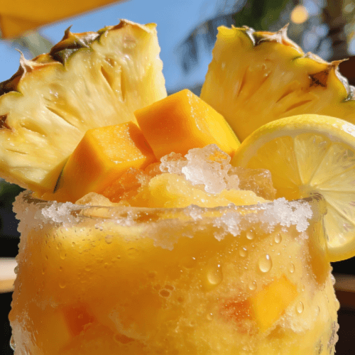 Close-up front view of Frozen Mango Pineapple Lemonade slush with fresh mango, pineapple, lemon slices, and crushed ice in a frosty glass.