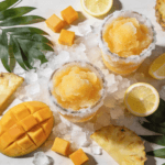 Top view of Frozen Mango Pineapple Lemonade slush drinks with mango cubes, pineapple slices, lemon wedges, and crushed ice on a tropical summer table.