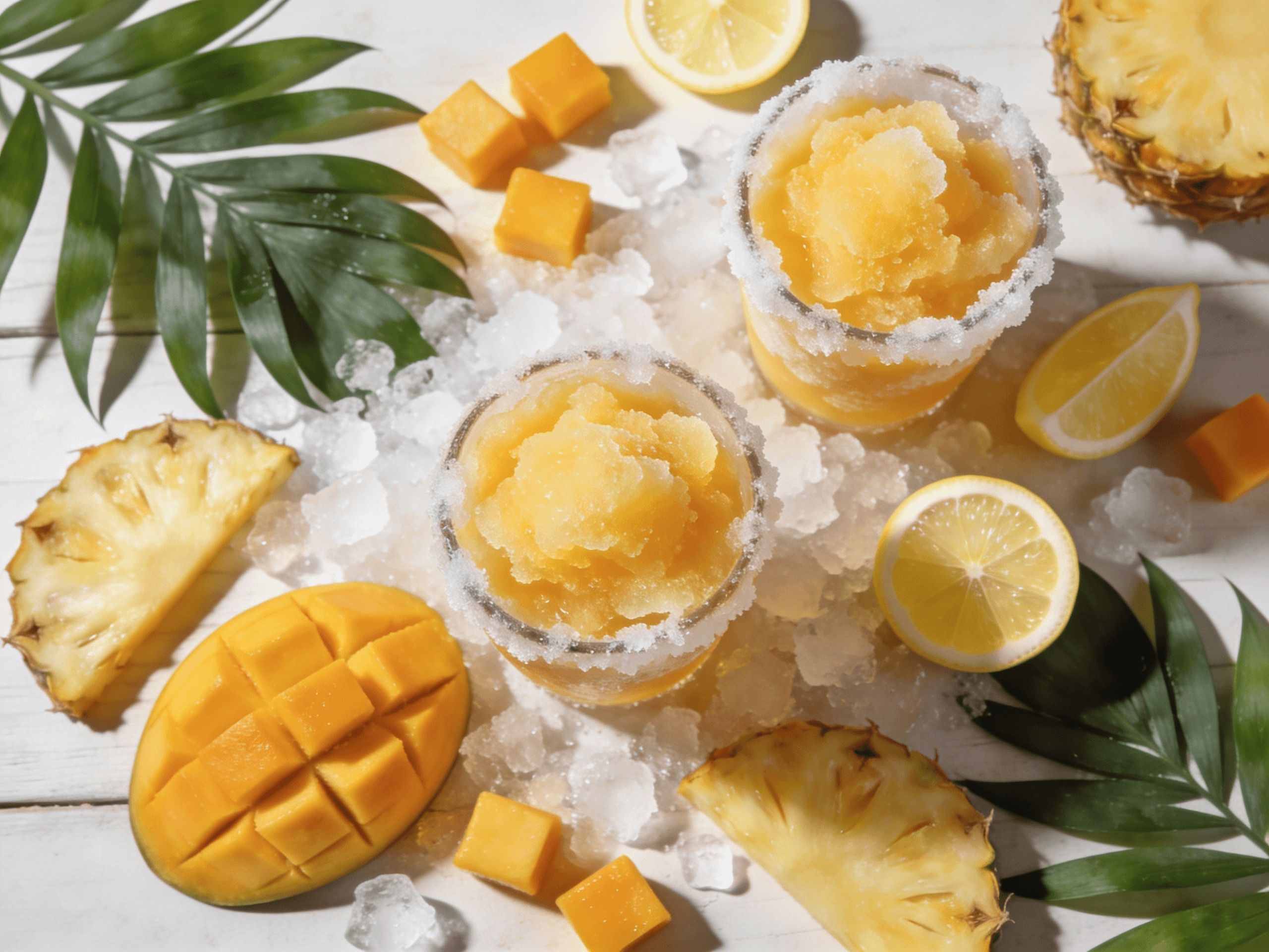Top view of Frozen Mango Pineapple Lemonade slush drinks with mango cubes, pineapple slices, lemon wedges, and crushed ice on a tropical summer table.