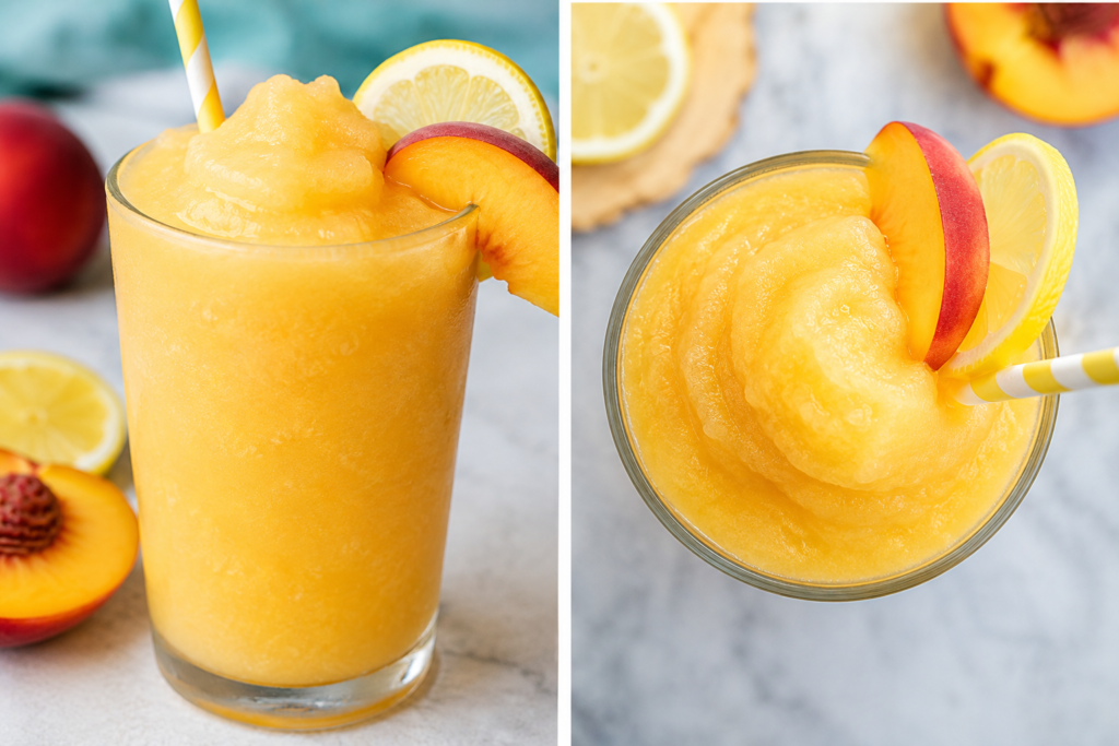 Frozen Peach Lemonade Slush drink featuring a close-up front view and top view with fresh peaches, lemon slices, and icy blended texture in a chilled summer beverage.