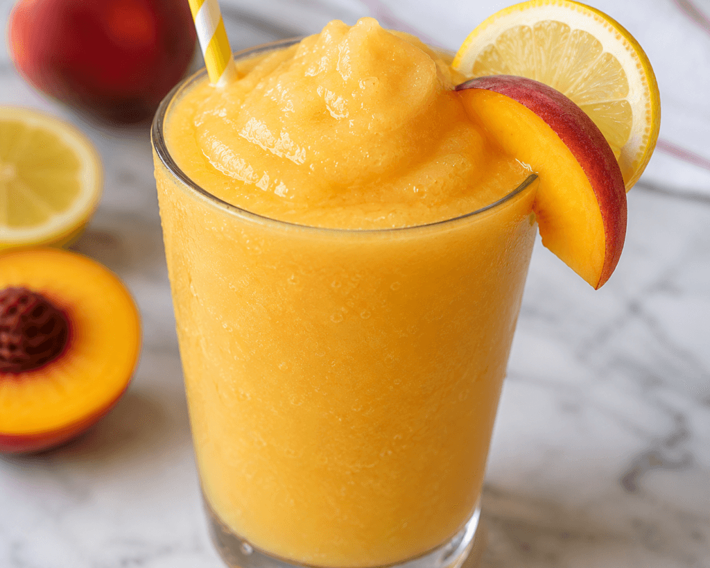 Close-up front view of frozen peach lemonade slush in a chilled glass with peach slices, lemon garnish, and icy blended summer drink texture.