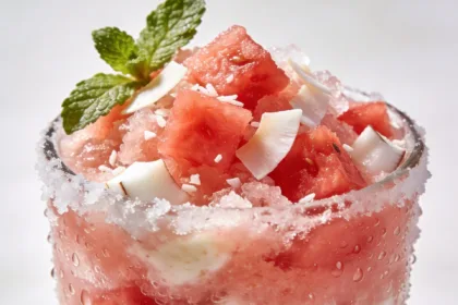 Close-up front view of a frozen watermelon coconut slushie topped with fresh watermelon cubes, coconut flakes, and mint in a chilled glass.