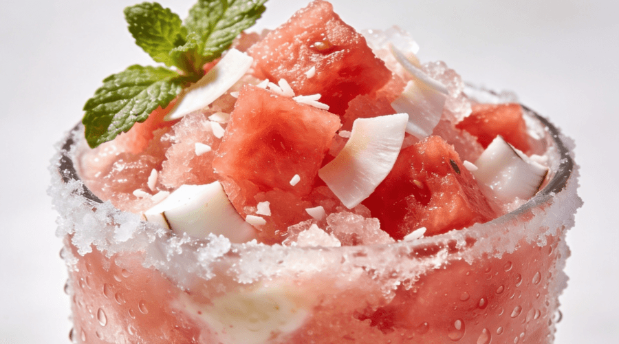 Close-up front view of a frozen watermelon coconut slushie topped with fresh watermelon cubes, coconut flakes, and mint in a chilled glass.