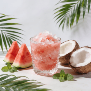 Zoomed-out front view of a frozen watermelon coconut slushie with watermelon slices, coconut halves, mint leaves, and tropical summer decor.