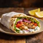 Front view of high-protein Greek chicken wraps with grilled chicken, fresh vegetables, and tzatziki sauce in warm pita