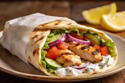 Front view of high-protein Greek chicken wraps with grilled chicken, fresh vegetables, and tzatziki sauce in warm pita