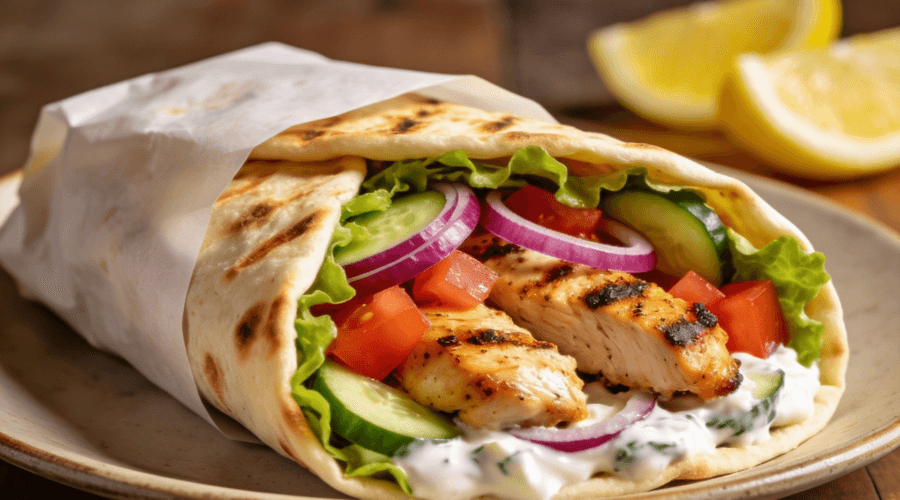 Front view of high-protein Greek chicken wraps with grilled chicken, fresh vegetables, and tzatziki sauce in warm pita