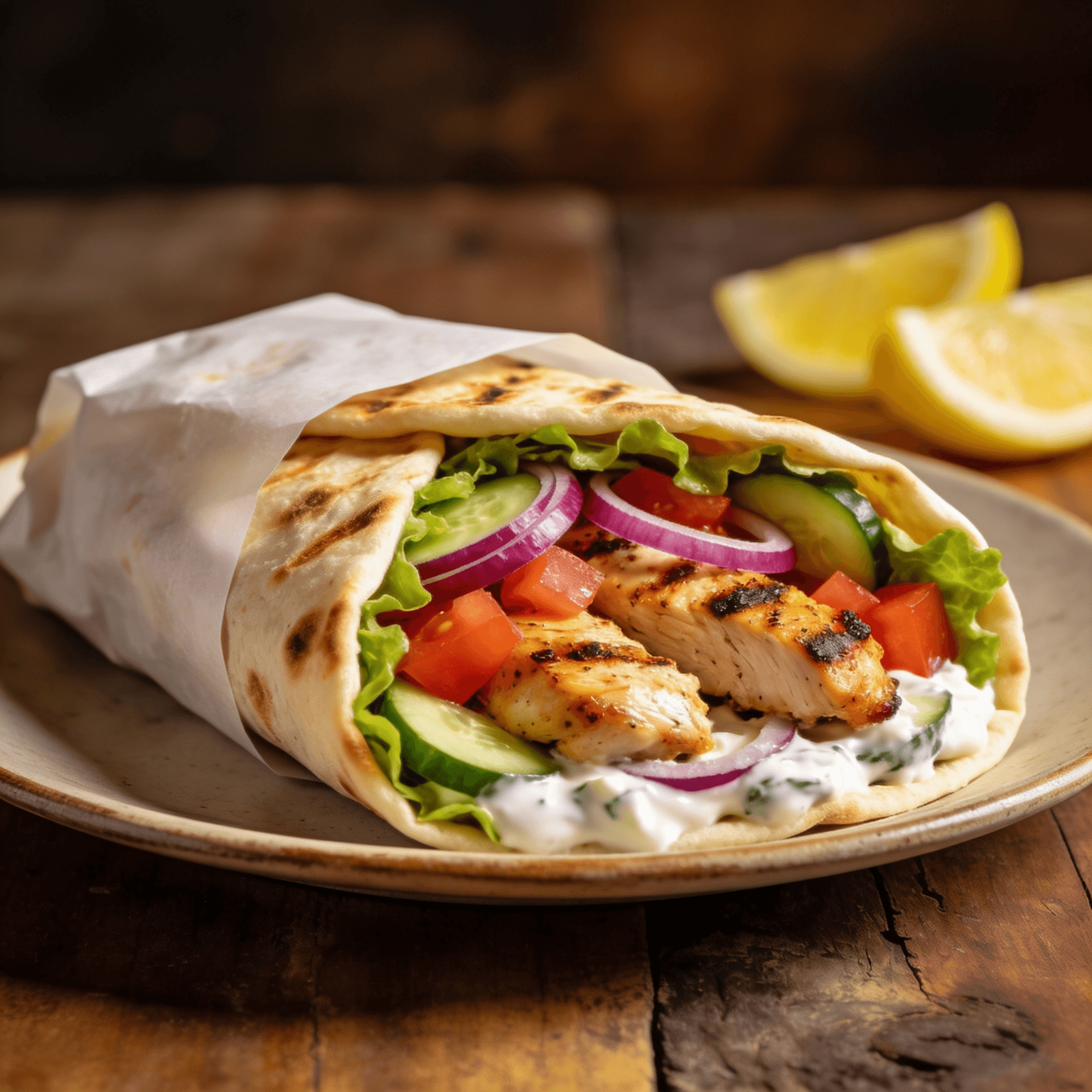 Front view of high-protein Greek chicken wraps with grilled chicken, fresh vegetables, and tzatziki sauce in warm pita
