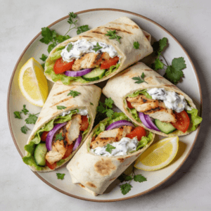 Top view of sliced Greek chicken wraps with grilled chicken, vegetables, and tzatziki sauce on pita bread