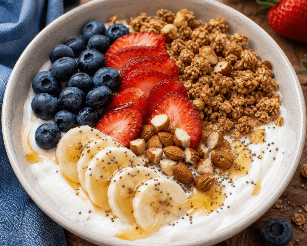 Greek Yogurt Power Bowl topped with fresh berries, banana slices, granola, nuts, and honey for a fast protein-packed breakfast.