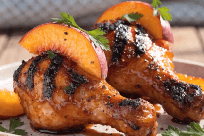 Close-up of grilled BBQ chicken drumsticks coated in sticky peach glaze with charred edges, fresh peach slices, parsley garnish, and glossy sweet smoky sauce.