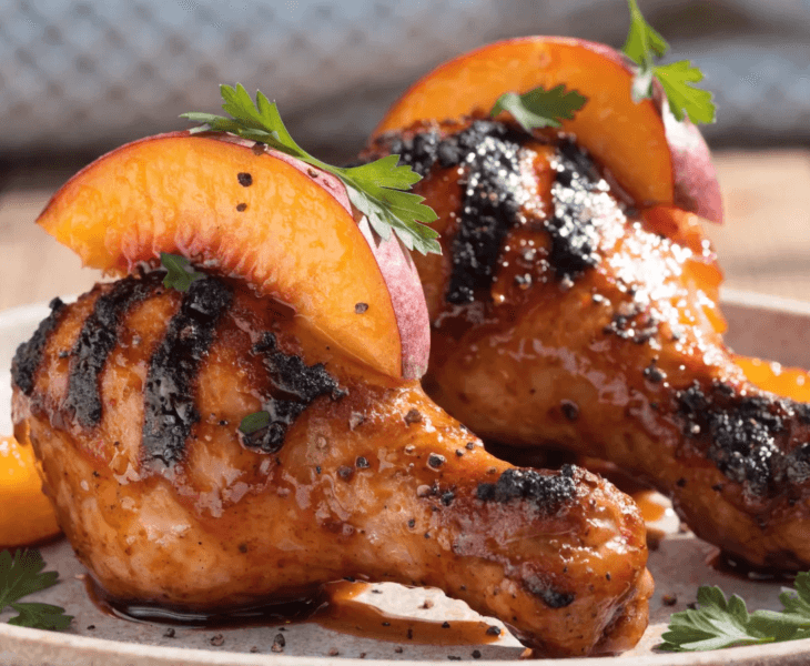 Close-up of grilled BBQ chicken drumsticks coated in sticky peach glaze with charred edges, fresh peach slices, parsley garnish, and glossy sweet smoky sauce.