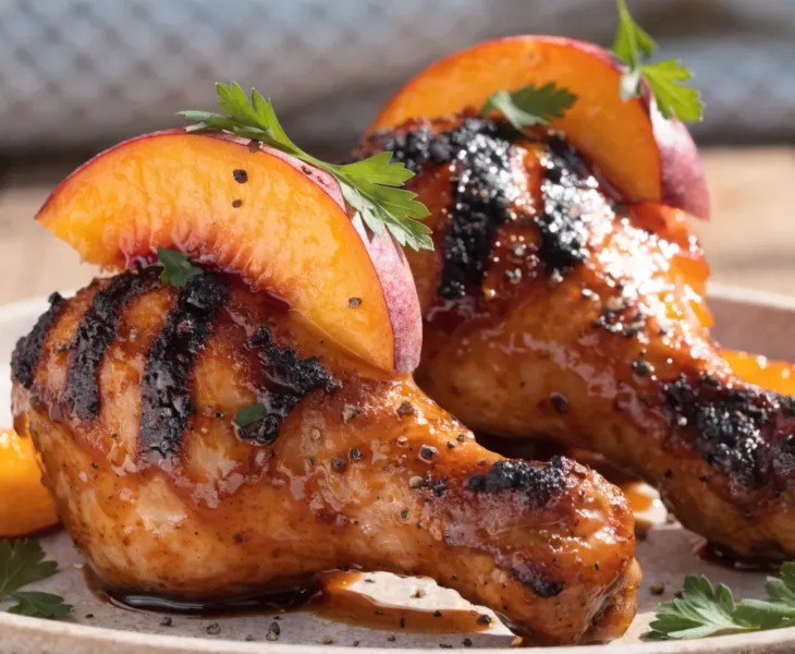 Close-up of grilled BBQ chicken drumsticks coated in sticky peach glaze with charred edges, fresh peach slices, parsley garnish, and glossy sweet smoky sauce.