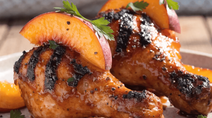 Close-up of grilled BBQ chicken drumsticks coated in sticky peach glaze with charred edges, fresh peach slices, parsley garnish, and glossy sweet smoky sauce.
