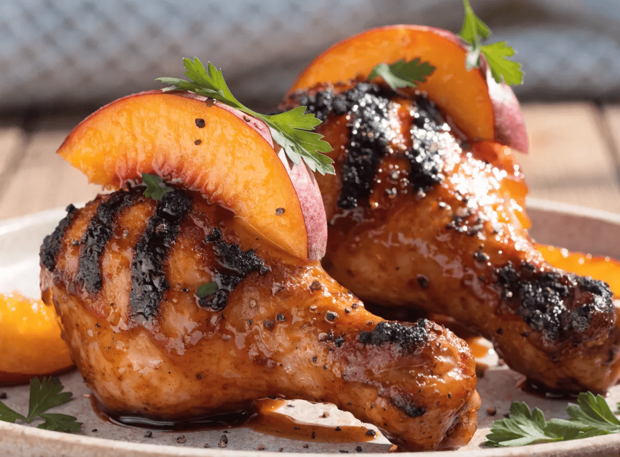 Close-up of grilled BBQ chicken drumsticks coated in sticky peach glaze with charred edges, fresh peach slices, parsley garnish, and glossy sweet smoky sauce.