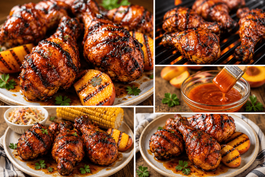 Collage of grilled BBQ chicken drumsticks with sticky peach glaze featuring close-up, front view, and zoomed-out plated summer chicken images with peach slices and glossy barbecue sauce.