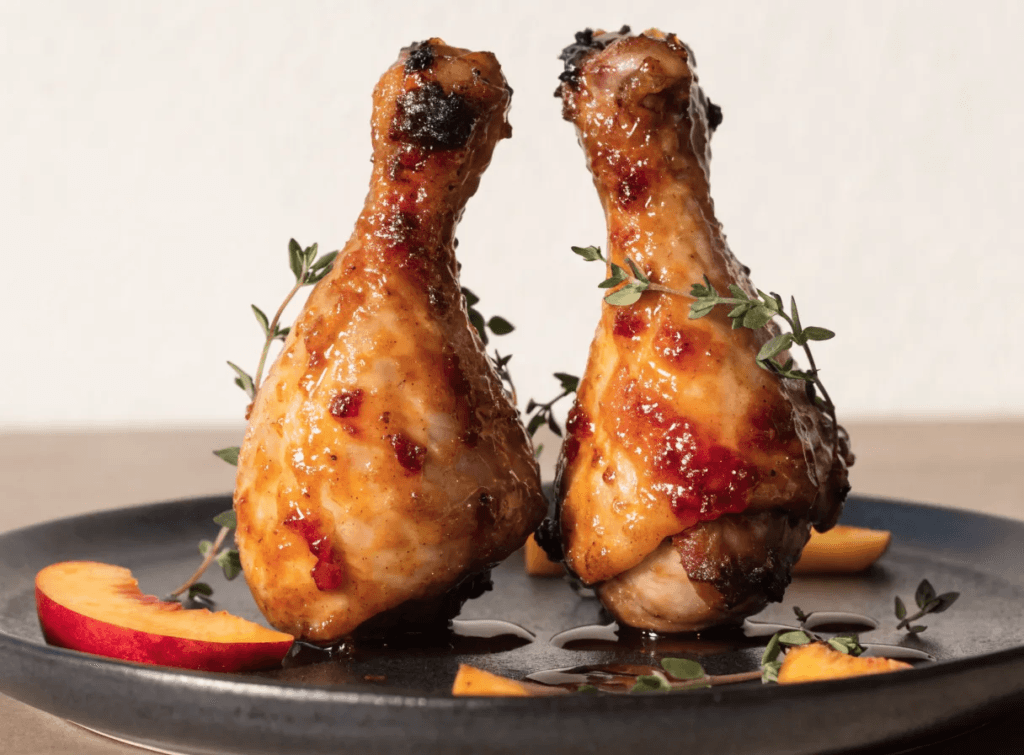 Front view of grilled BBQ chicken drumsticks with sticky peach glaze, charred grill marks, peach slices, herbs, and glossy barbecue sauce on a plated summer chicken dish.