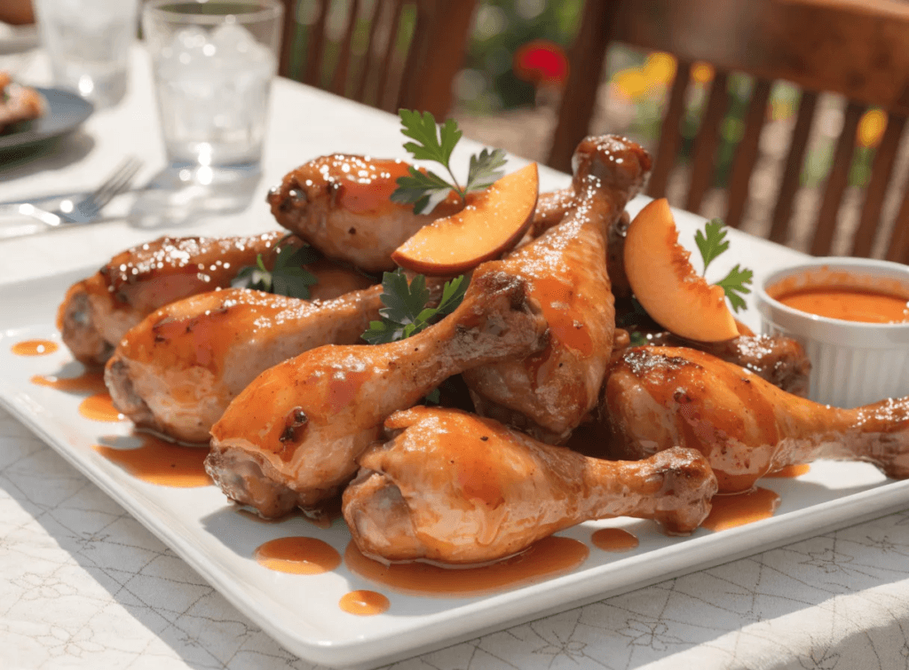 Zoomed-out front view of grilled BBQ chicken drumsticks with sticky peach glaze on a rustic summer table with peach garnish and glossy barbecue sauce.
