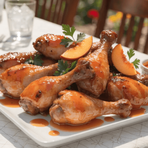 Zoomed-out front view of grilled BBQ chicken drumsticks with sticky peach glaze on a rustic summer table with peach garnish and glossy barbecue sauce.