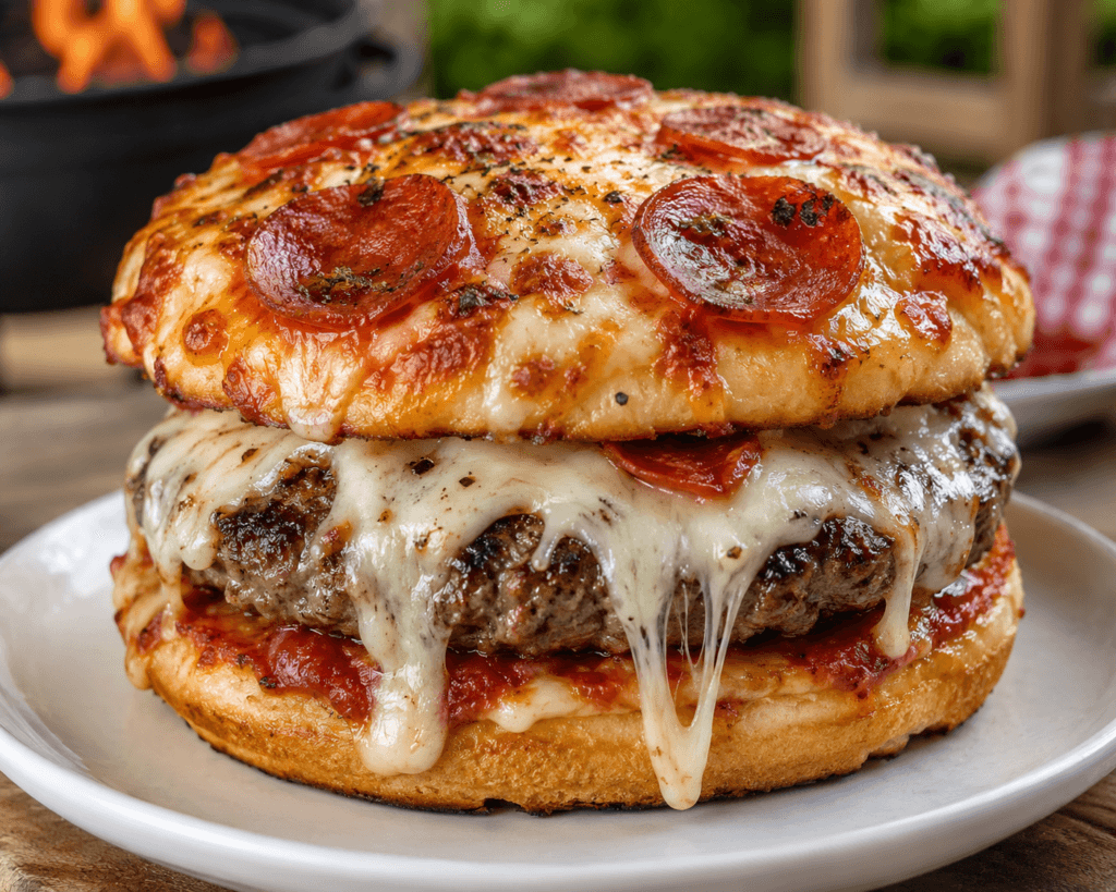 Front view of grilled pizza burger with melted mozzarella cheese, pepperoni topping, pizza-style bun, and juicy grilled beef patty.