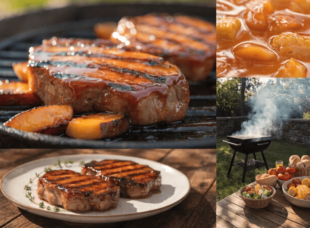 Collage of grilled pork chops with peach bourbon glaze featuring close-up glaze detail, plated pork chops, smoky grill scenes, and backyard BBQ table.
