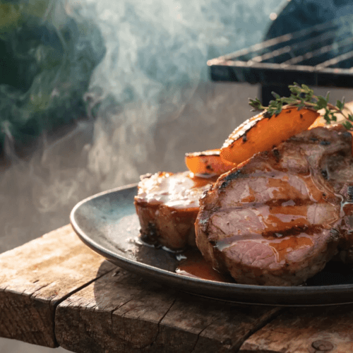Close-up grilled pork chops with peach bourbon glaze, caramelized grill marks, grilled peaches, and smoky backyard BBQ styling.