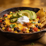 Ground beef taco skillet with melted cheddar cheese, black beans, corn, and fresh toppings in a cast iron pan