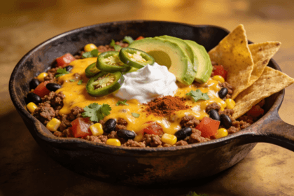Ground beef taco skillet with melted cheddar cheese, black beans, corn, and fresh toppings in a cast iron pan