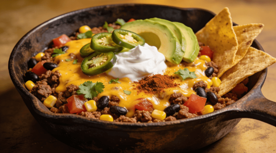 Ground beef taco skillet with melted cheddar cheese, black beans, corn, and fresh toppings in a cast iron pan