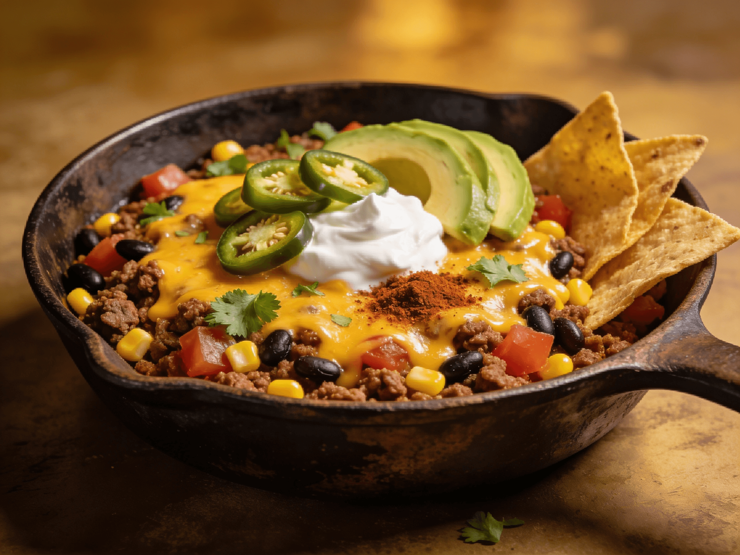 Ground beef taco skillet with melted cheddar cheese, black beans, corn, and fresh toppings in a cast iron pan