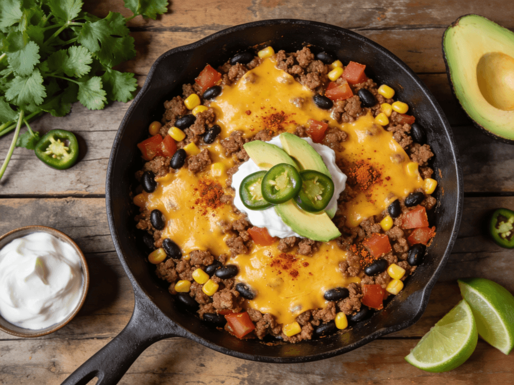 Top view of cheesy ground beef taco skillet with avocado, jalapeños, and cilantro garnish