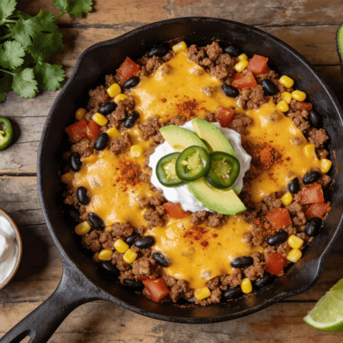 Top view of cheesy ground beef taco skillet with avocado, jalapeños, and cilantro garnish