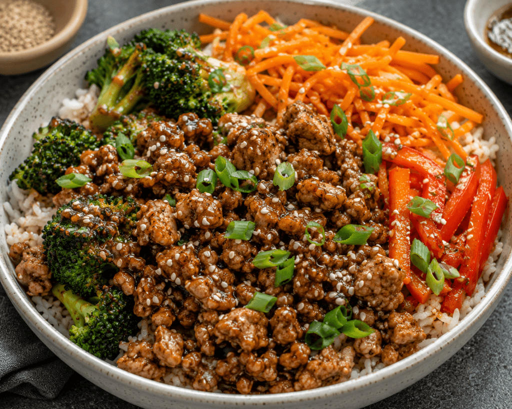 Healthy Ground Turkey Teriyaki Rice Bowl with seasoned ground turkey, rice, broccoli, shredded carrots, bell peppers, sesame seeds, and green onions in a high-protein meal prep bowl.