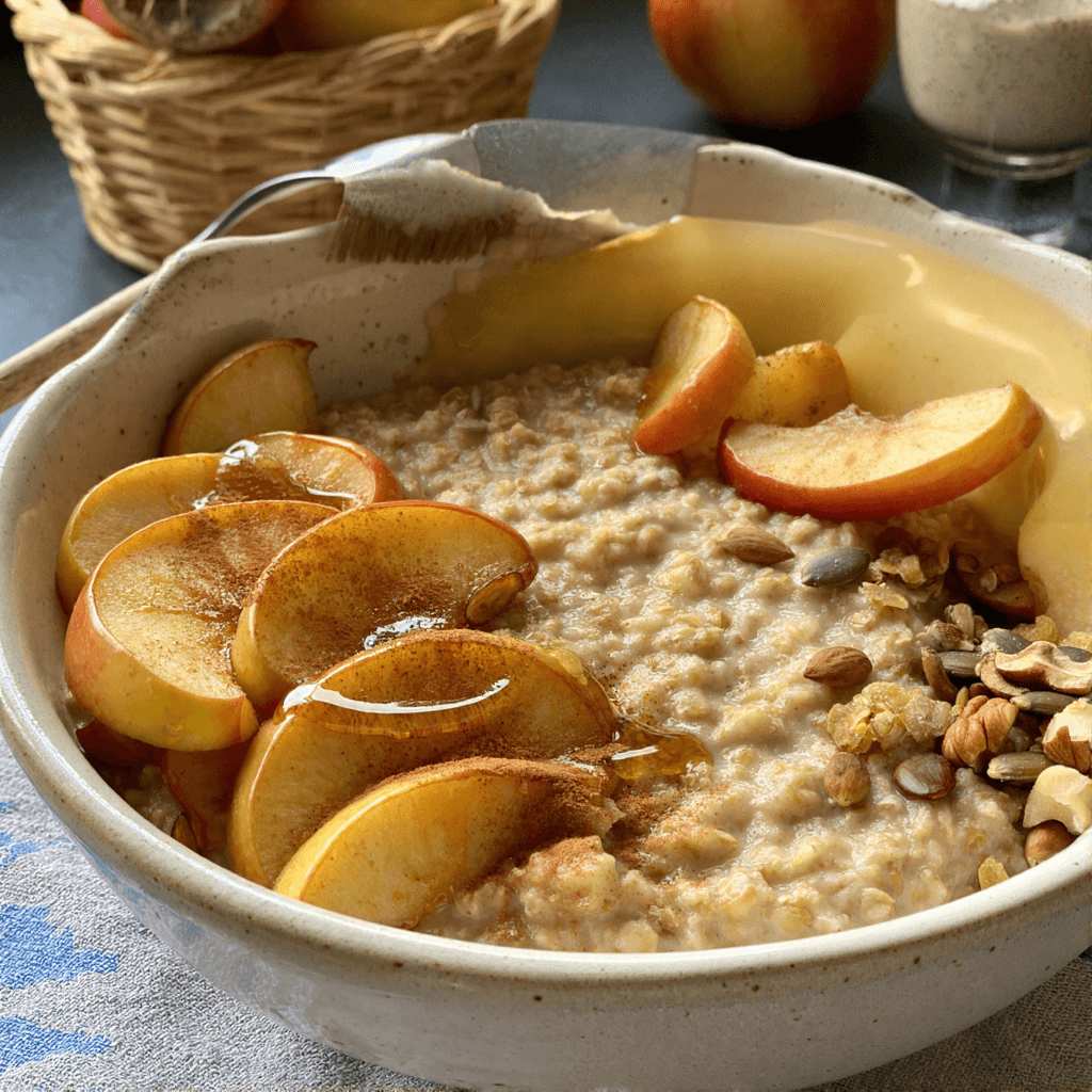 High-protein apple cinnamon oatmeal bowl with caramelized apples honey and nuts