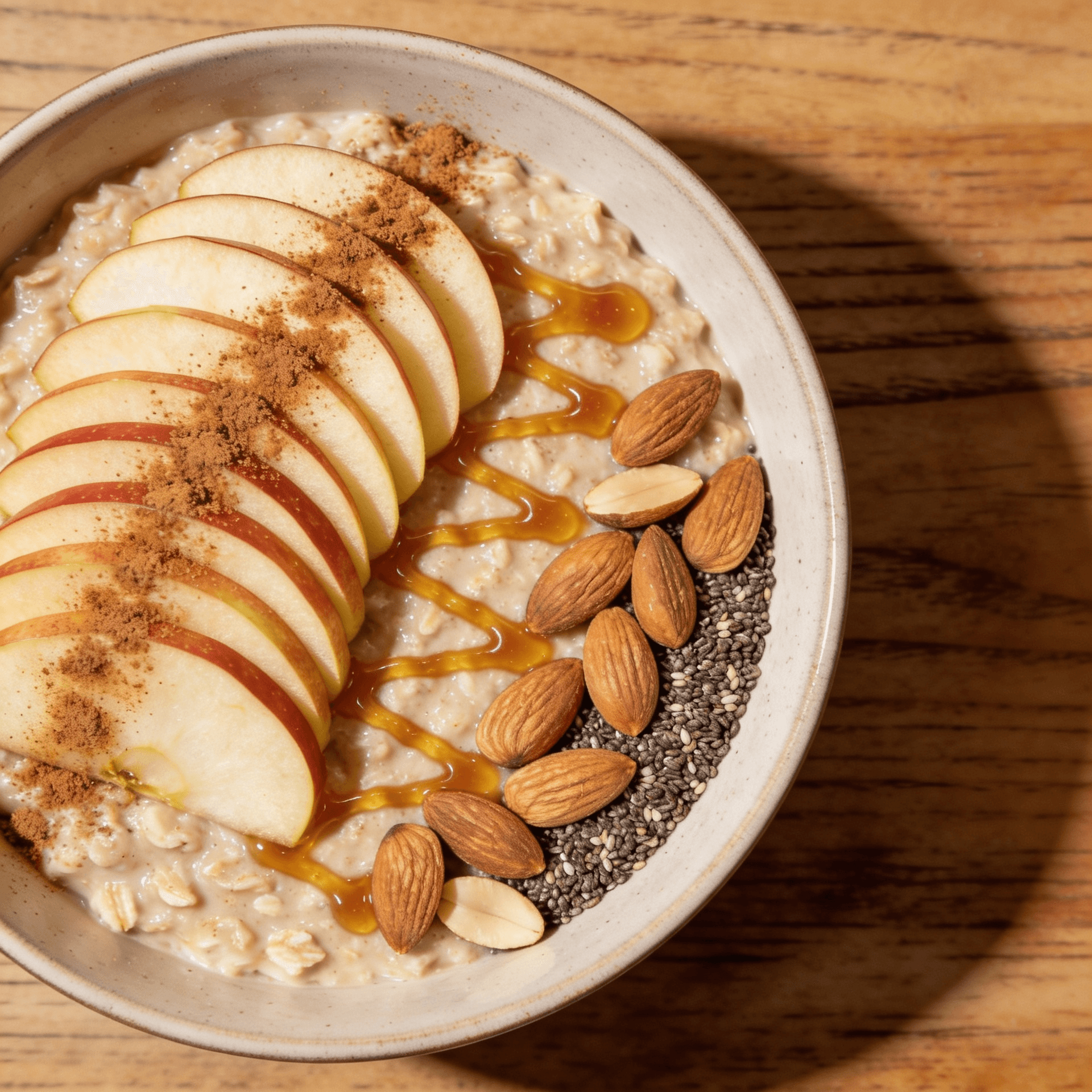 Top view of apple cinnamon oatmeal with sliced apples honey and almonds in a bowl