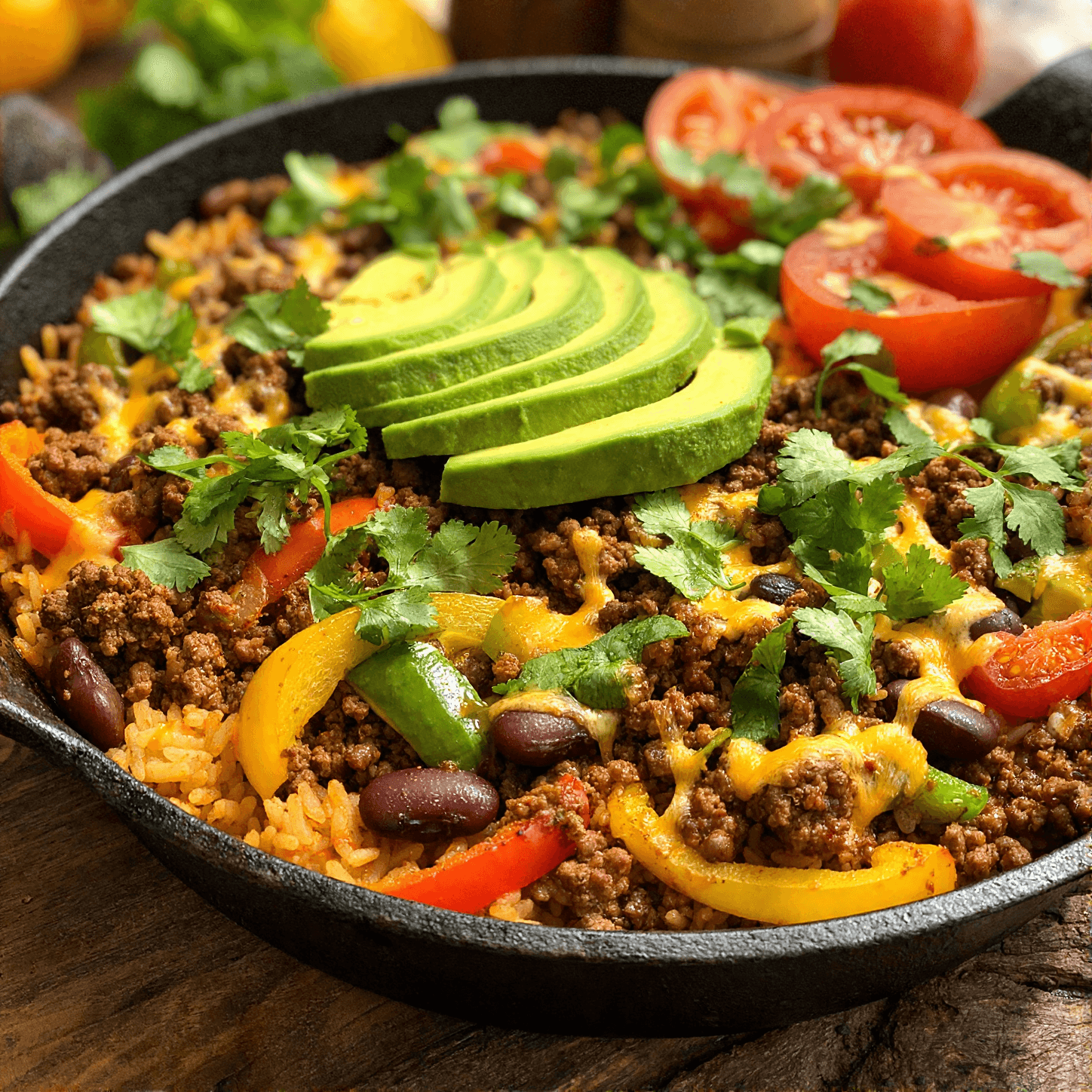 High-protein beef burrito skillet with ground beef rice beans cheese and avocado